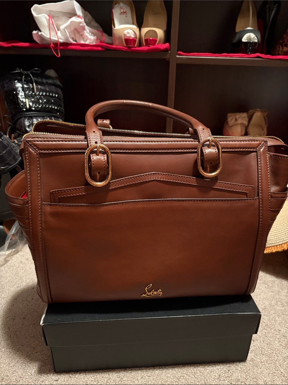 Christian Louboutin Brown Leather Top-Handle Briefcase with Gold Hardware